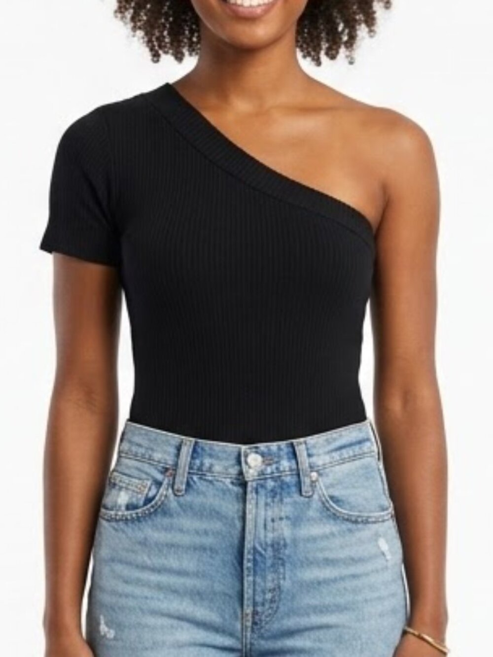 REORIA Black Asymmetric Ribbed One Shoulder Short Sleeve Thong Bodysuit Large